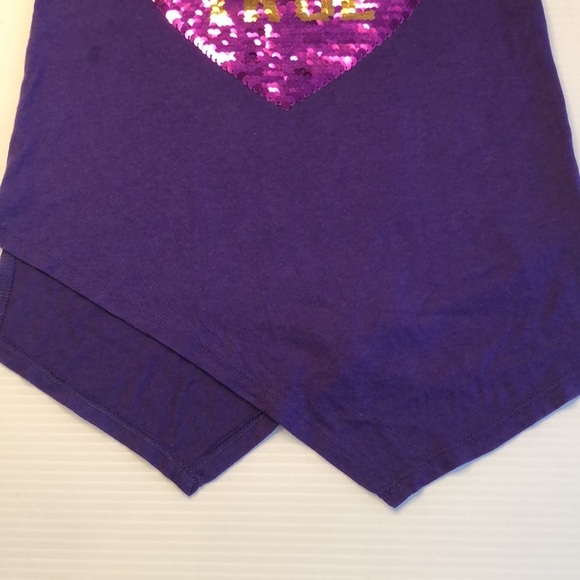 TG Total Girl Sequin Heart Purple Asymmetric Short Sleeve Top Girl Size M 5 EUC - Picture 7 of 10